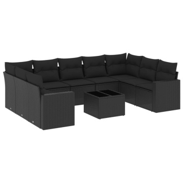 Set canapele de grădină cu perne, 10 piese, negru, poliratan - Img 2