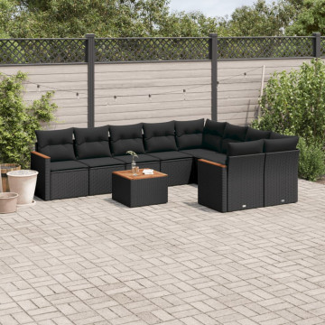 Set canapele de grădină cu perne, 10 piese, negru, poliratan - Img 1