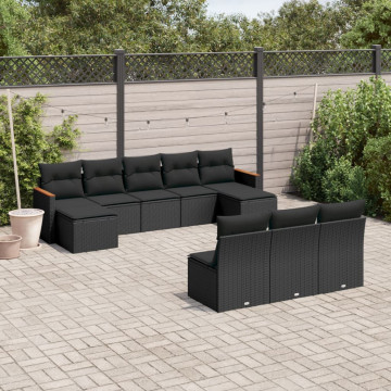 Set canapele de grădină cu perne, 10 piese, negru, poliratan - Img 1