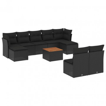Set canapele de grădină cu perne, 10 piese, negru, poliratan - Img 2