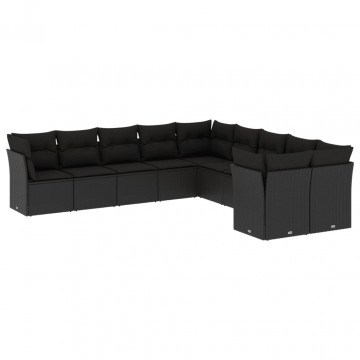 Set canapele de grădină cu perne, 10 piese, negru, poliratan - Img 2