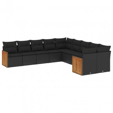 Set canapele de grădină cu perne, 10 piese, negru, poliratan - Img 2