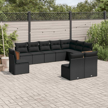Set canapele de grădină cu perne, 10 piese, negru, poliratan - Img 1