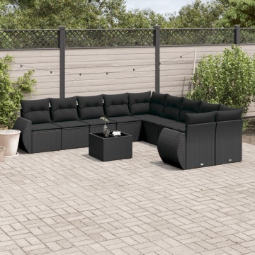 Set canapele de grădină cu perne, 11 piese, negru, poliratan - Img 1