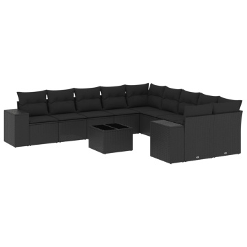 Set canapele de grădină cu perne, 11 piese, negru, poliratan - Img 2