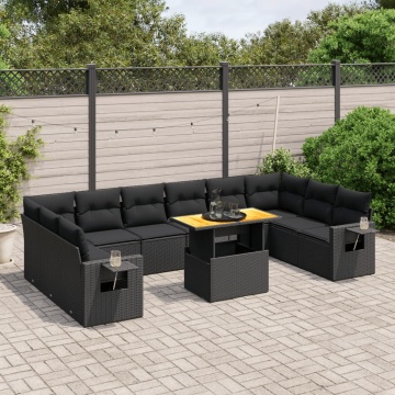 Set canapele de grădină cu perne, 11 piese, negru, poliratan - Img 1