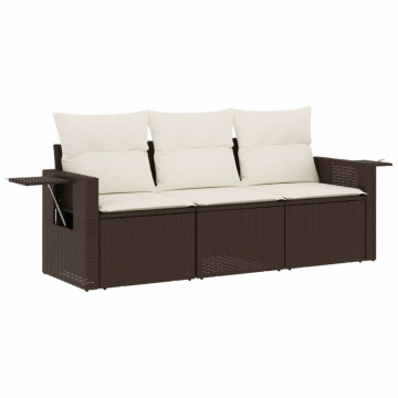 Set canapele de grădină cu perne, 3 piese, maro, poliratan - Img 2
