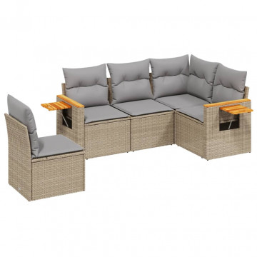 Set canapele de grădină cu perne, 5 piese, bej, poliratan - Img 2