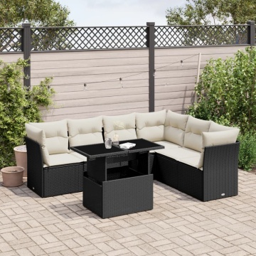 Set canapele de grădină cu perne, 7 piese, negru, poliratan - Img 1