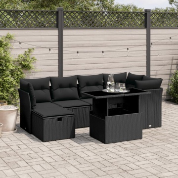 Set canapele de grădină cu perne, 7 piese, negru, poliratan - Img 1