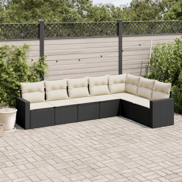 Set canapele de grădină cu perne, 7 piese, negru, poliratan - Img 1