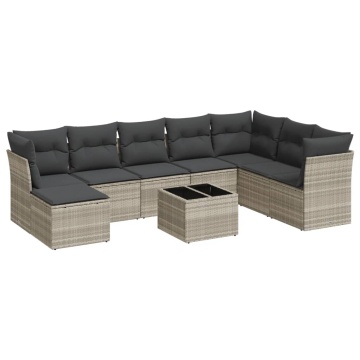 Set canapele de grădină cu perne, 9 piese gri deschis poliratan - Img 2
