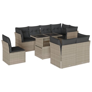 Set canapele de grădină cu perne, 9 piese gri deschis poliratan - Img 2