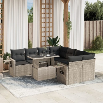 Set canapele de grădină cu perne, 9 piese gri deschis poliratan - Img 1