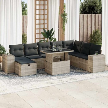 Set canapele de grădină cu perne, 9 piese gri deschis poliratan - Img 1