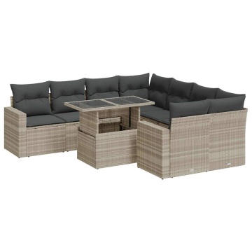 Set canapele de grădină cu perne, 9 piese gri deschis poliratan - Img 2