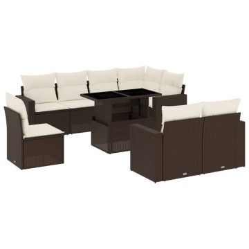 Set canapele de grădină cu perne, 9 piese, maro, poliratan - Img 2