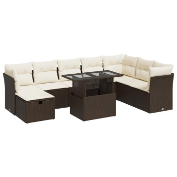 Set canapele de grădină cu perne, 9 piese, maro, poliratan - Img 2