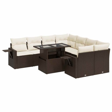 Set canapele de grădină cu perne, 9 piese, maro, poliratan - Img 2
