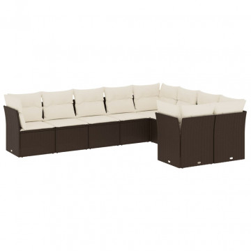 Set canapele de grădină cu perne, 9 piese, maro, poliratan - Img 2