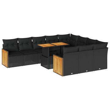 Set canapele grădină cu perne 11 piese, negru, poliratan/acacia - Img 2