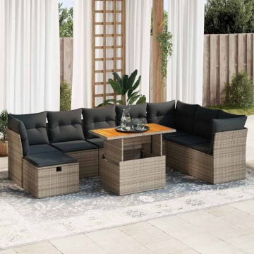 Set canapele grădină cu perne 9 piese gri poliratan/lemn acacia - Img 1