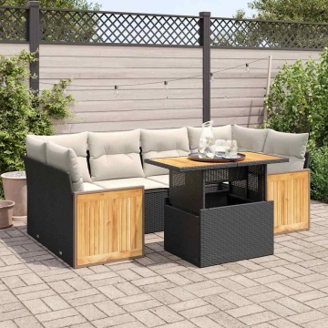 Set canapele grădină perne 7 piese negru, poliratan/lemn acacia - Img 1