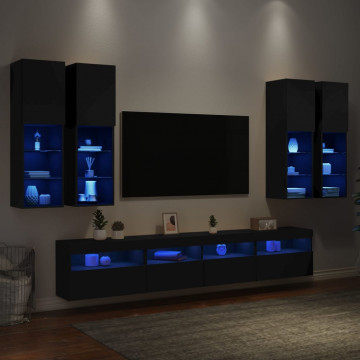 Set comode TV de perete, 7 piese, cu lumini LED, negru - Img 4