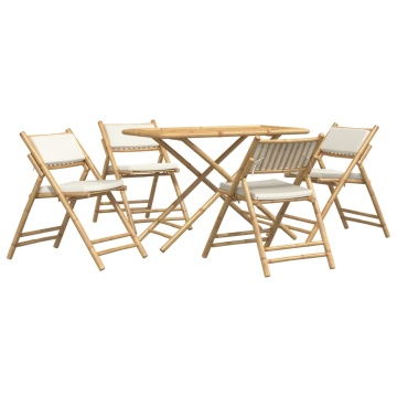 Set de bistro pliabil, 5 piese, cu perne alb crem, bambus - Img 1