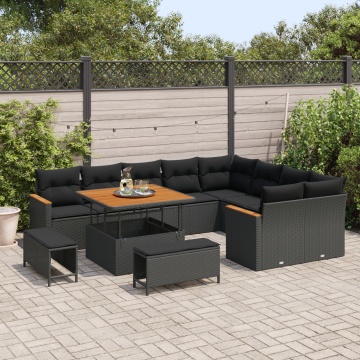 Set de canapea de grădină cu perne 12 piese Negru Poliratan Acacia, Set de dining de grădină 3 piese cu perne Negru Poliratan Acacia - Img 3