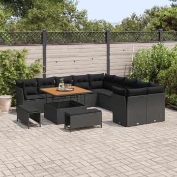 Set de canapele pentru grădină cu perne negre din poliratan acacia, Set de dining pentru grădină cu 3 piese cu perne negre din poliratan acacia - Img 3