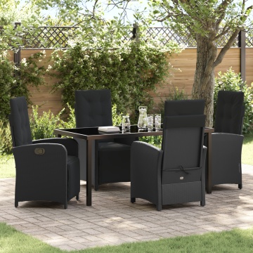 Set de dining pentru grădină 5 piese cu perne Ratan Polimeric Negru, Masa de grădină Negru 160x80x73 cm Sticlă Temperată - Img 1