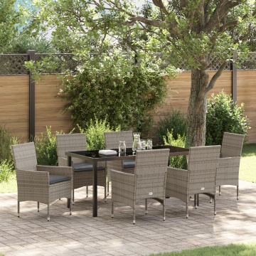 Set de dining pentru grădină cu 7 piese cu perne Ratan gri, Masă de grădină Neagră 160x80x73 cm Sticlă securizată - Img 1