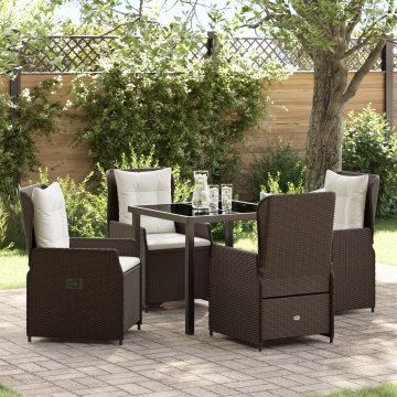 Set de Masă pentru Grădină 5 Piese Răchită Maro, Masă Grădină Neagră 80x80x73 cm Sticlă Securizată - Img 1