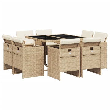 Set de masă pentru grădină, 9 piese, cu perne, bej, poliratan - Img 2