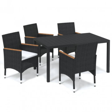 Set de masă pentru grădină cu perne, 5 piese, negru, poliratan - Img 2