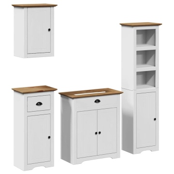 Set de mobilier de baie 4 piese lemn masiv de pin alb și maro - Img 2
