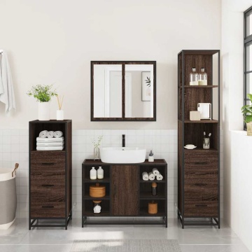 Set de mobilier de baie din 4 piese din lemn de stejar maro - Img 3
