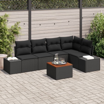 Set de sofa de grădină cu 6 piese și perne negre din poliratan și lemn de acacia - Img 1