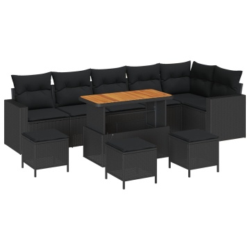 Set de Sofa de Grădină cu Perne Negru Poliratan Acacia, Set de Dining de Grădină cu Perne Negru Poliratan Acacia - Img 2