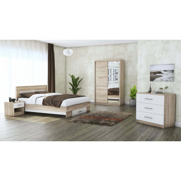 Set dormitor beta, sonoma / alb, dulap 120 cm, pat 140x200 cm, 2 noptiere, comoda - Img 1