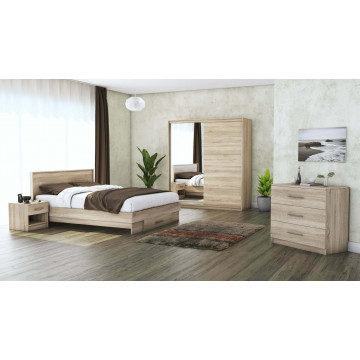 Set dormitor Beta, sonoma, dulap 183 cm, pat 140×200 cm, 2 noptiere, comoda - Img 1