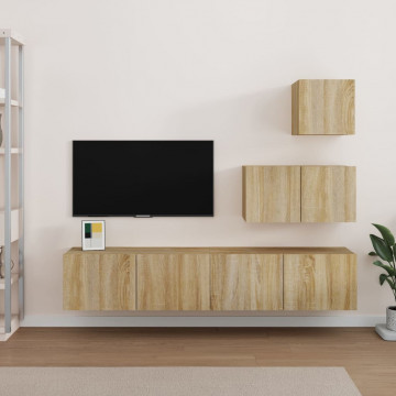 Set dulap TV, 4 piese, stejar sonoma, lemn prelucrat - Img 1