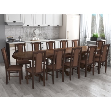 Set masa extensibila jork 250-300x100 cm, lemn masiv nuc, cu 12 scaune tapitate stofa maro, s-37 O15 - Img 1