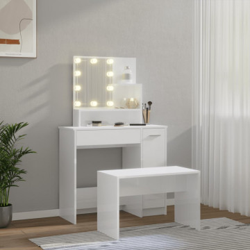 Set măsuță de toaletă cu LED, alb extralucios, lemn prelucrat - Img 3