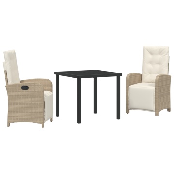Set mese grădină 3 piese cu perne bej din ratan poli, Masă grădină Neagră 80x80x73 cm din sticlă securizată - Img 2