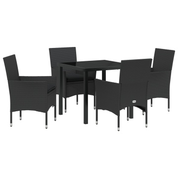 Set mese grădină 5 piese cu perne rattan sintetic negru, Masă grădină neagră 80x80x73 cm cu sticlă securizată - Img 2
