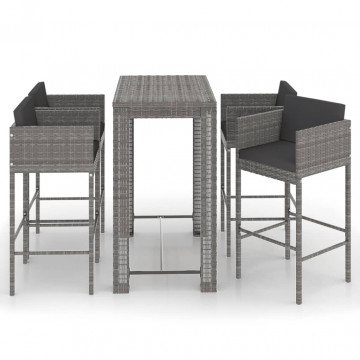 Set mobilier bar de grădină cu perne, 5 piese, gri, poliratan - Img 2