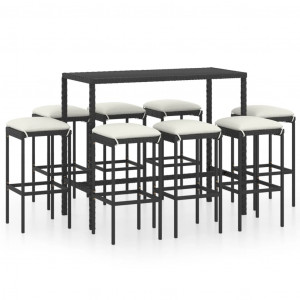 Set mobilier bar de grădină cu perne, 9 piese, negru, poliratan - Img 1