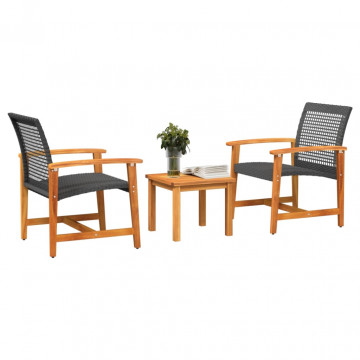Set mobilier bistro, 3 piese, poliratan negru/lemn de acacia - Img 3